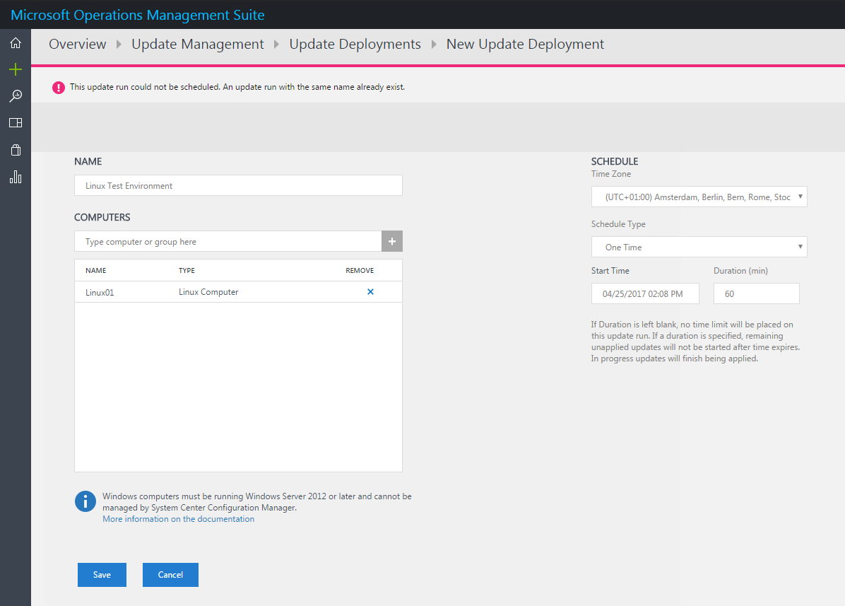 Update Management deployment with same name