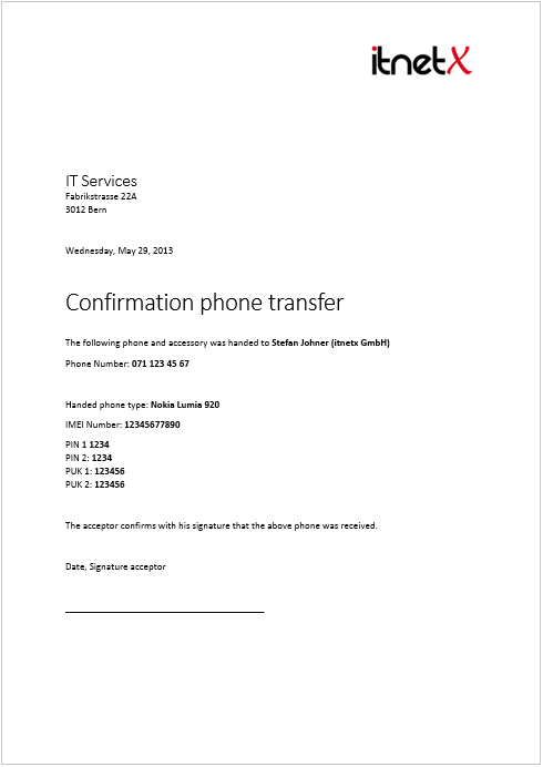 Printout Confirmation Phone Transfer